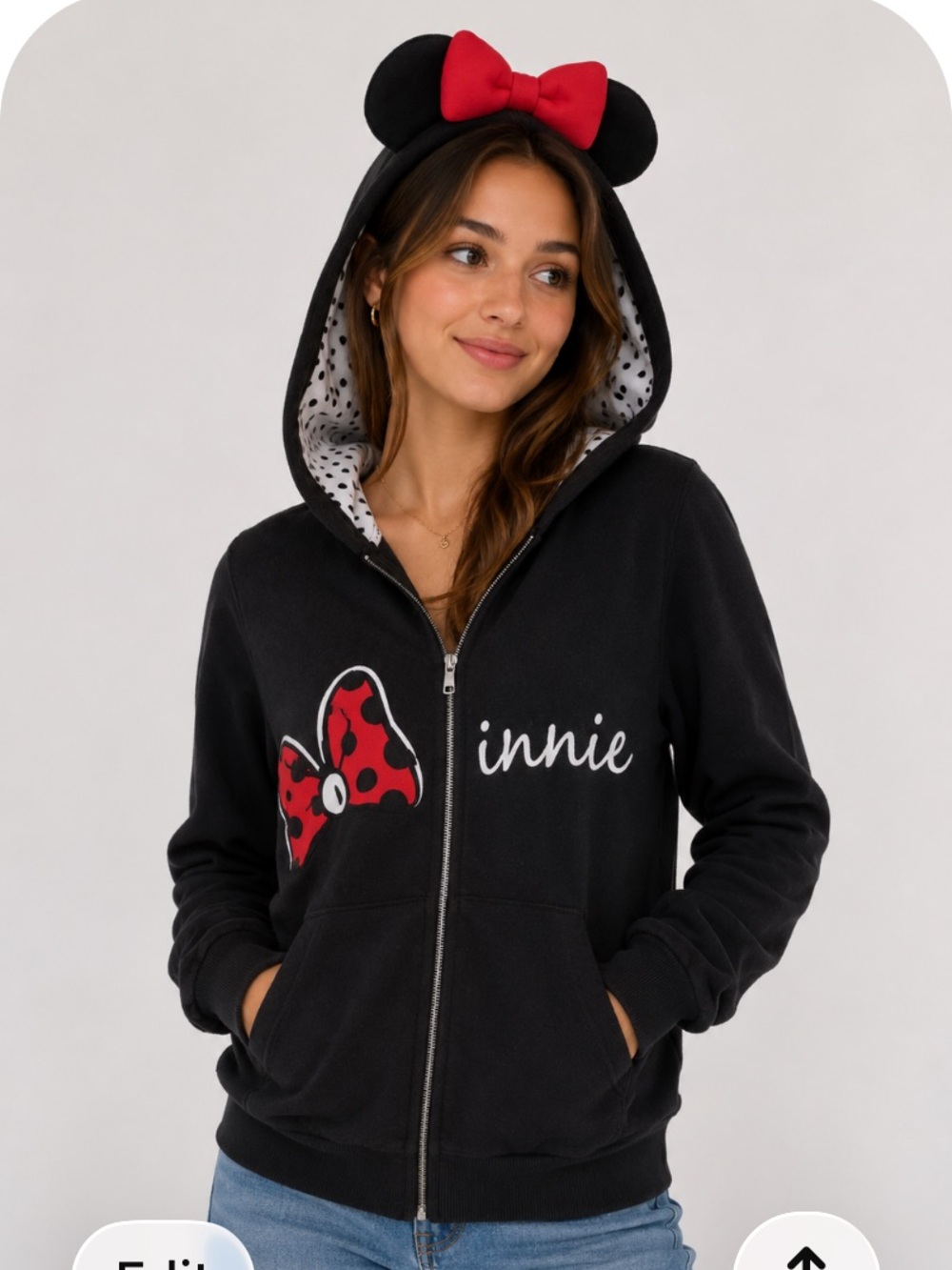 Disney store Black Minnie Mouse Zip-Up Hoodie with Red Bow and ears